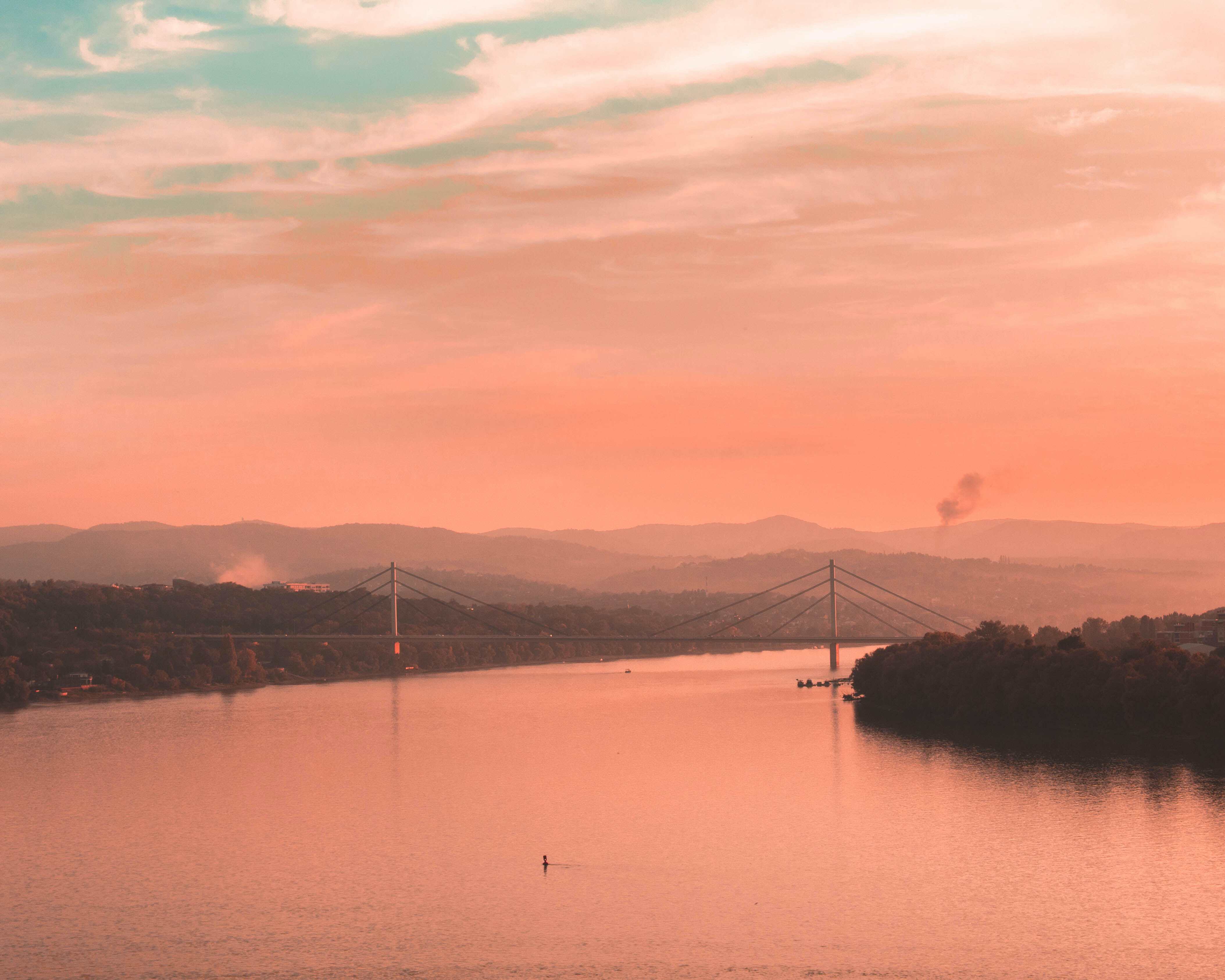 sunset over a bridge on a river