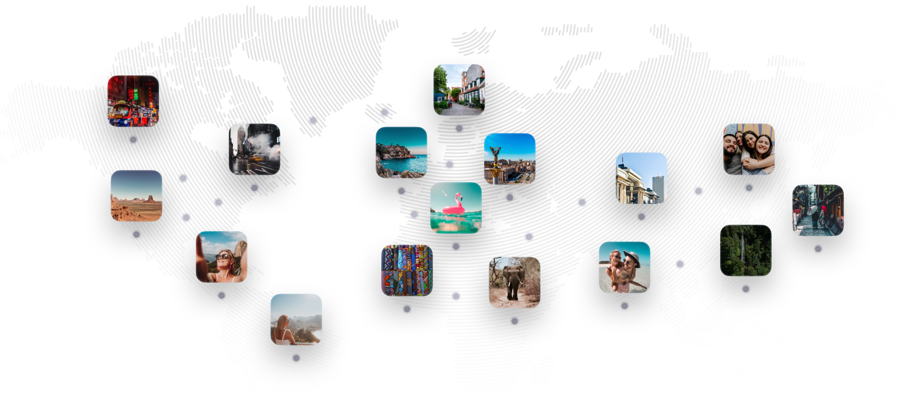 World map with map pins and photos