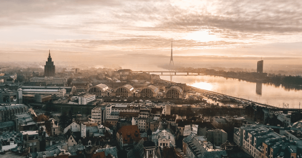 skyline of city at sunset